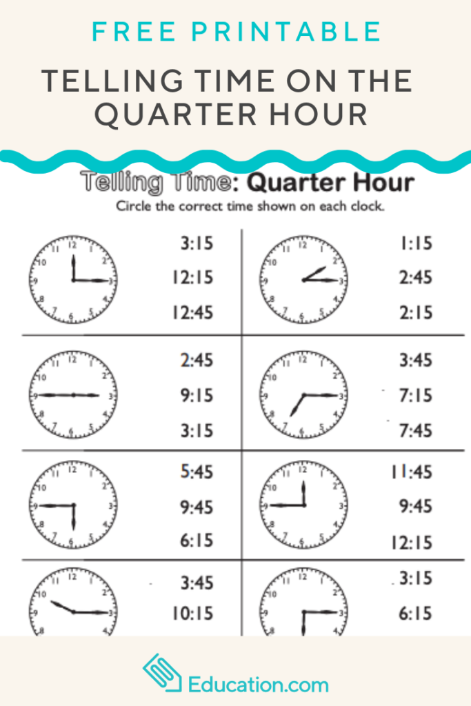 Telling Time On The Quarter Hour Match It Worksheet Education 