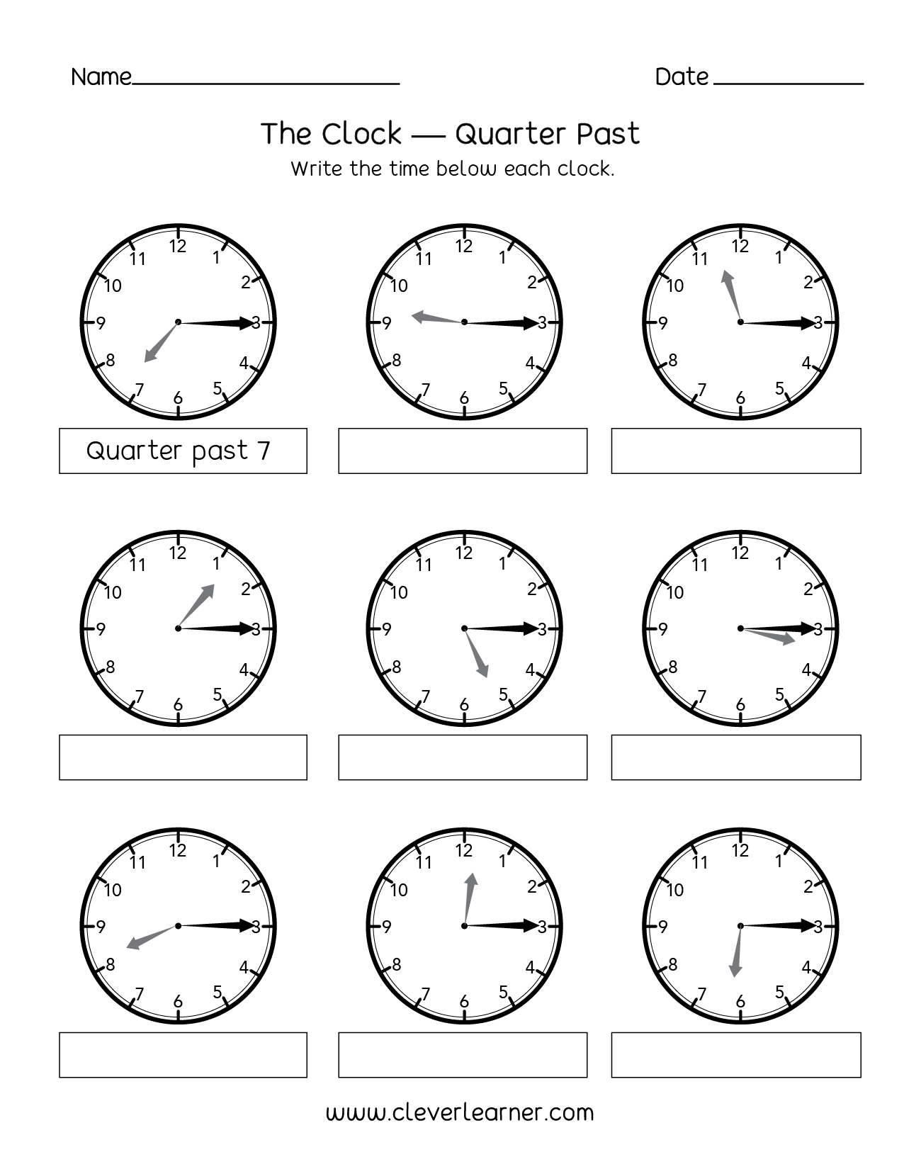 Telling Time Quarter Past The Hour Worksheets For 2nd Graders